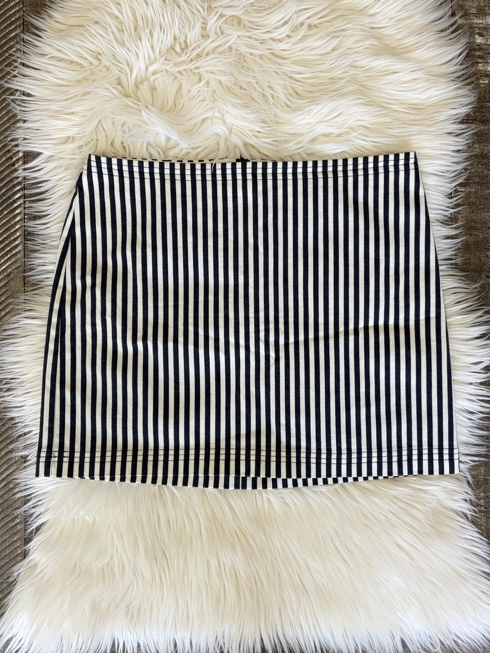 Trina Turk Navy Blue and White Vertical Stripe Mini Skirt